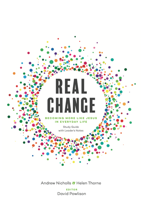 Book cover for 'Real Change: Becoming More Like Jesus in Everyday Life' Study Guide with Leader's Notes, featuring a colorful burst of dots around bold black title text on a white background.