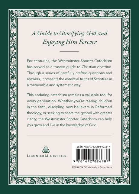 Back cover of a book with text about the Westminster Shorter Catechism on a green background
