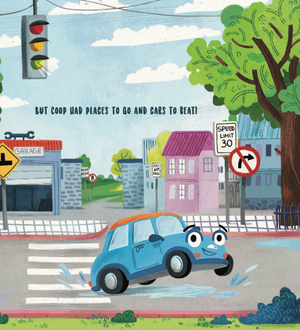 Illustrated interior spread from Coop Messes Up (The Wheelies)
