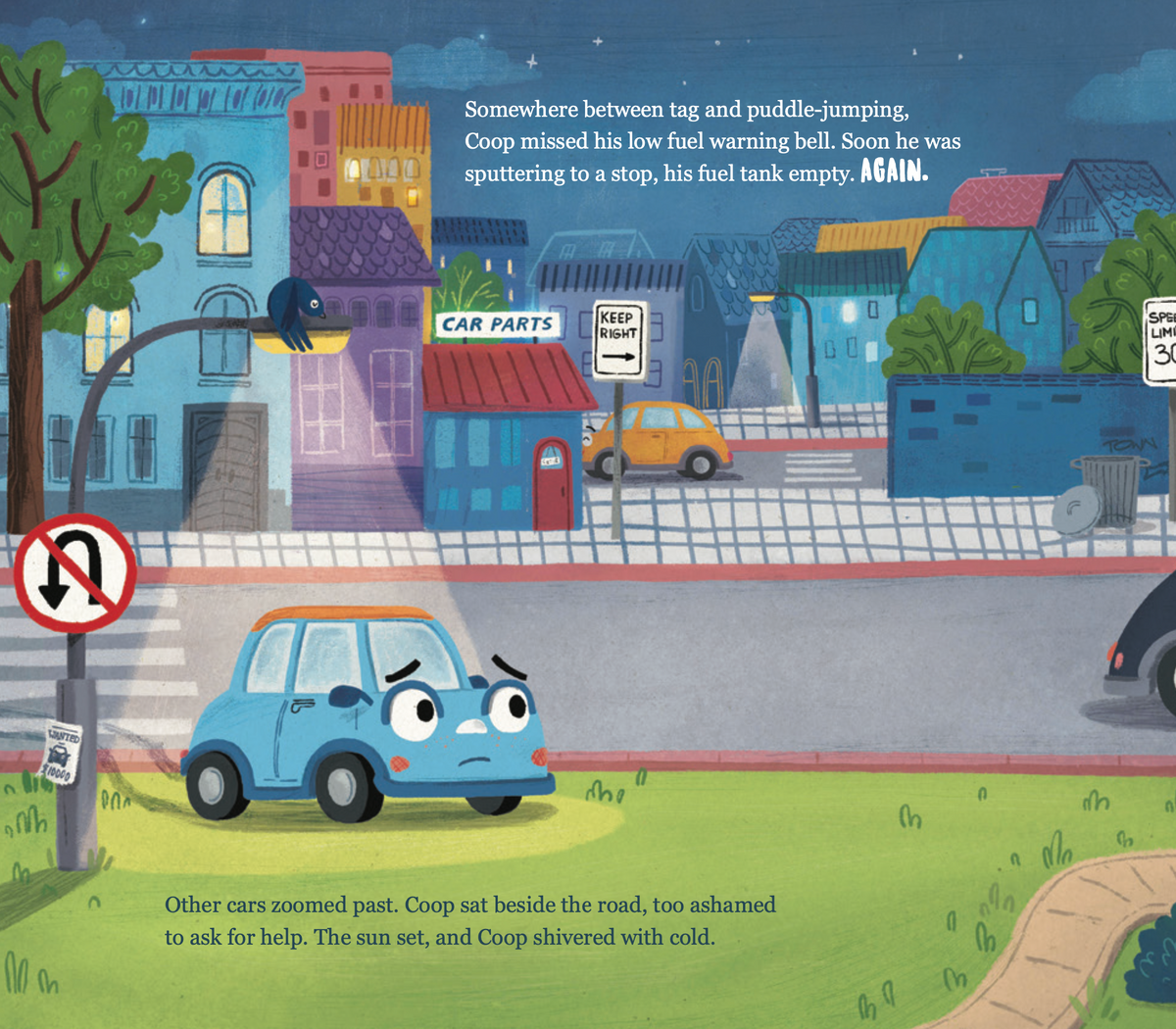 Illustrated interior spread from Coop Messes Up (The Wheelies)