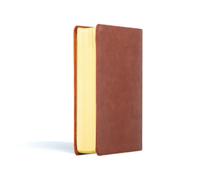 Angled view of CSB Life Counsel Bible, Burnt Sienna Leathertouch showing the cover and page edges