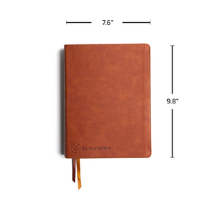 Front view of CSB Life Counsel Bible, Burnt Sienna Leathertouch: Practical Wisdom for All of Life with its dimensions marked