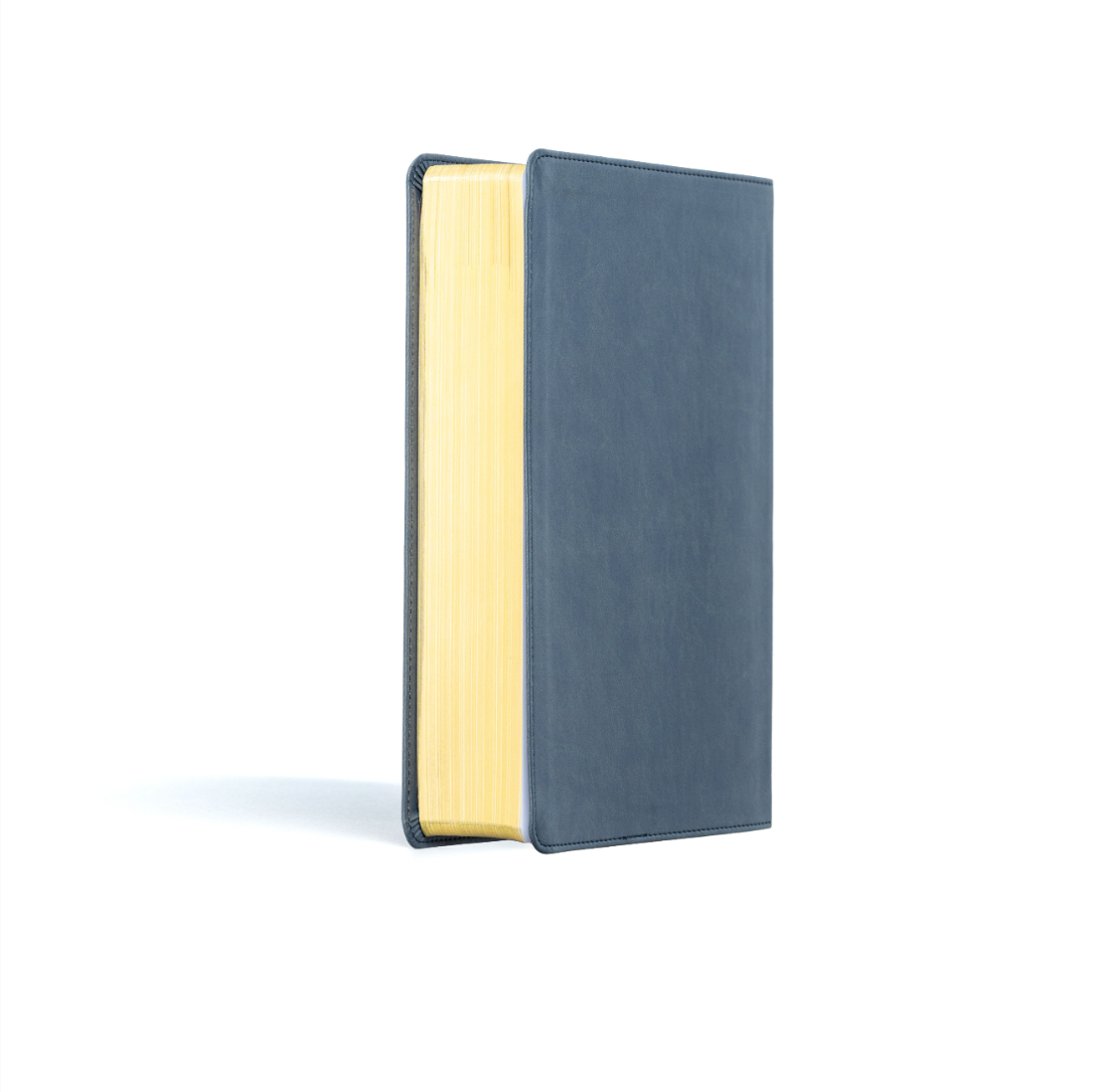 Angled view of CSB Life Counsel Bible, Slate Blue Leathertouch showing the cover and page edges