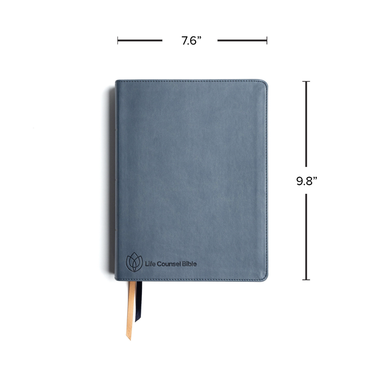 Front view of CSB Life Counsel Bible, Slate Blue Leathertouch: Practical Wisdom for All of Life with its dimensions marked