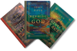 Three John Piper books fanned out against a black background: The Pleasure of God, Desiring God, and Future Race. The covers feature richly colored cosmic and landscape-style artwork with gold typography and decorative borders.