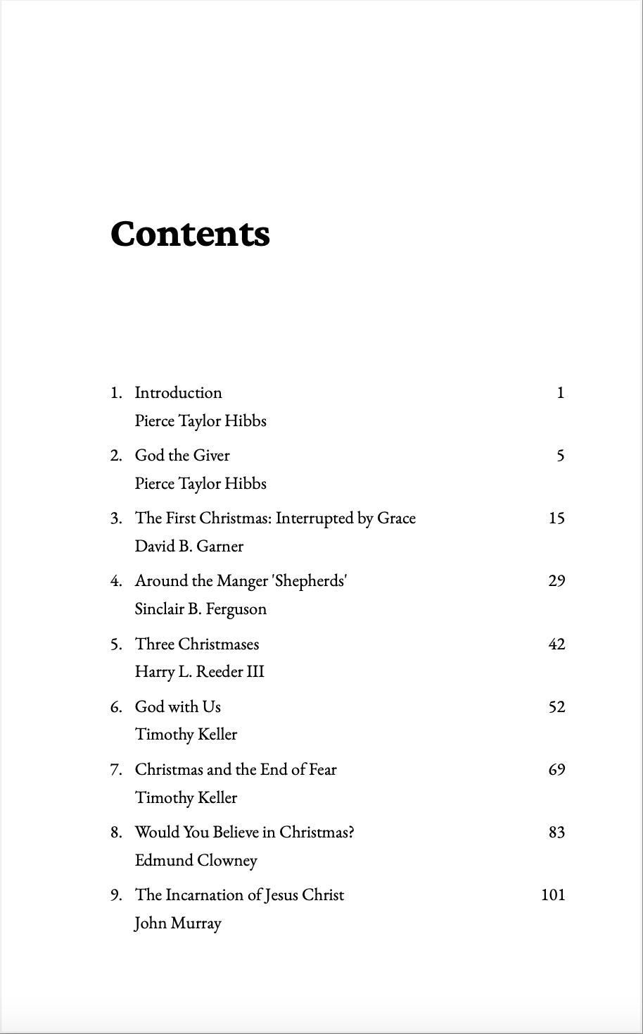 Table of contents page from The Dawn of Grace: Readings on Advent and the Incarnation