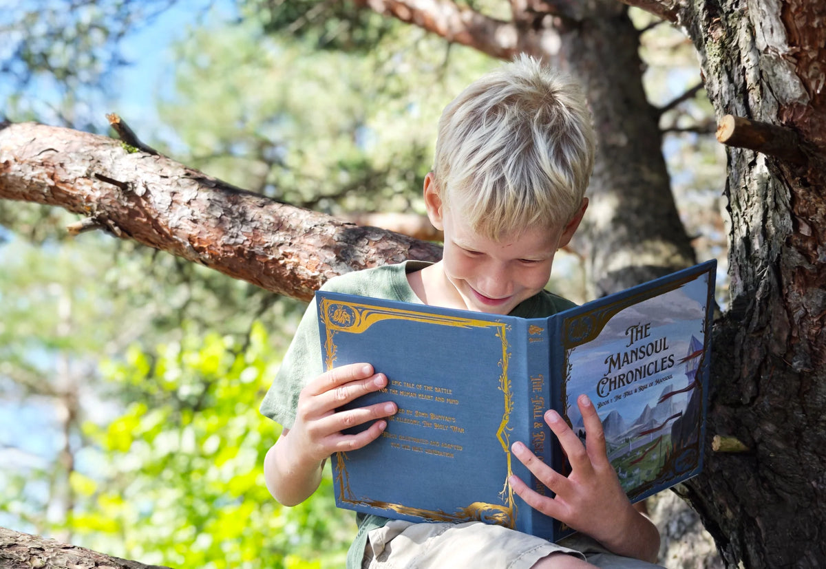 Child reading The Mansoul Chronicles, Book 1: The Fall & Rise of Mansoul outdoors