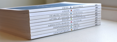 Stack of nine 31-Day Devotionals for Life paperbacks, spines showing Grief, Anger, Doubt, Assurance, Contentment and more